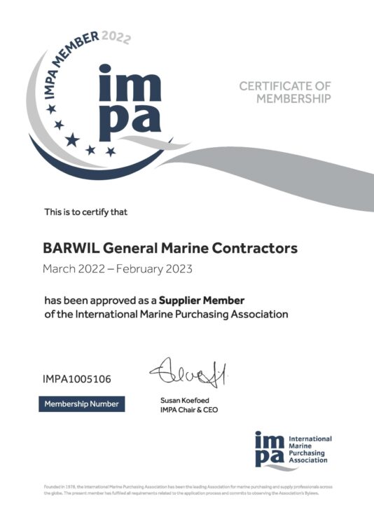 IMPA Certificate Supplier 2022 - BARWIL General Marine Contractors